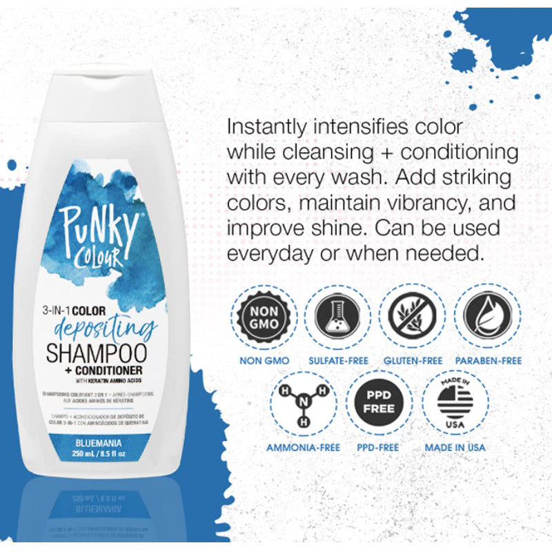 PUNKY COLOUR - 3-in-1 Color Depositing Shampoo + Conditioner - Bluemania 250ml [parallel import]