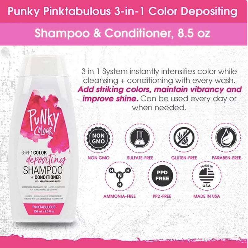 PUNKY COLOUR - Punky 3 IN 1 Color Depositing Shampoo + Conditioner - Pinktabulous 250ml [parallel import]